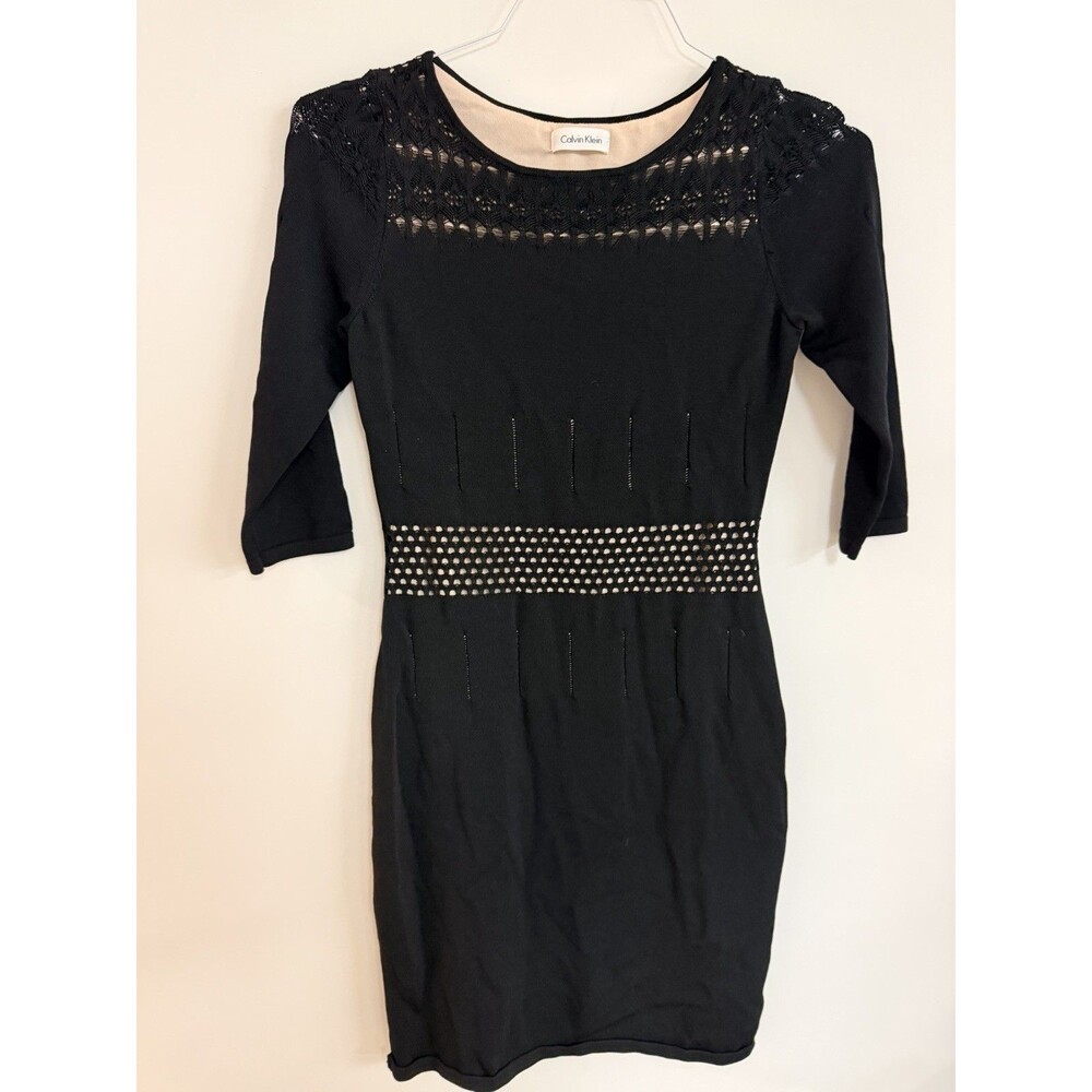 Calvin Klein Black Knit Sweater Dress Open Crochet Waist 3/4 Sleeve - Size S